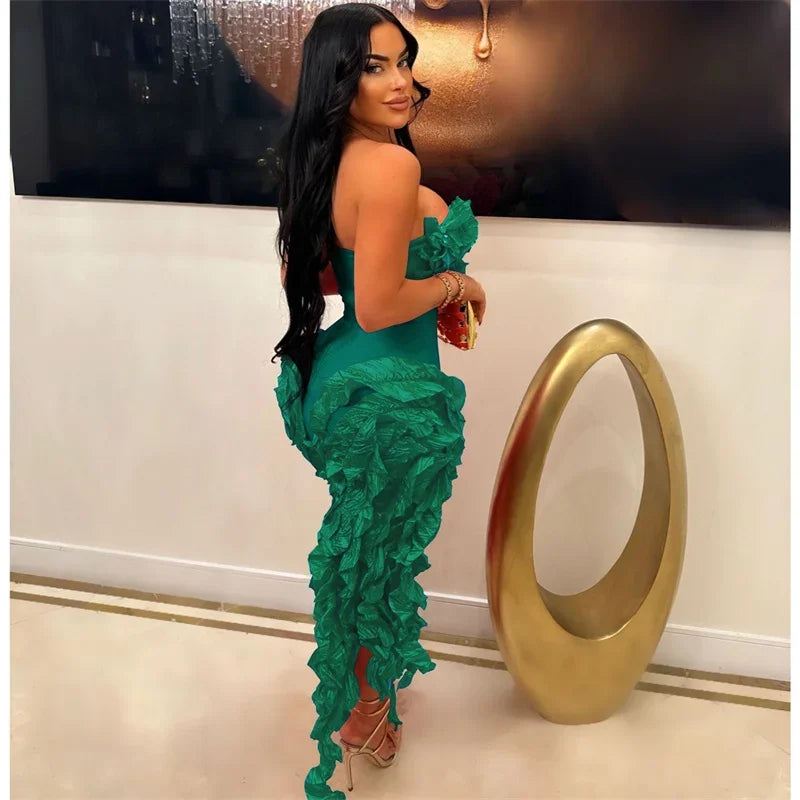 Elegant Ruffles Tassel Birthday Dress for Women 2024 Night Party Celebrity Irregular Strapless Sleeveless Evening Long Dresses