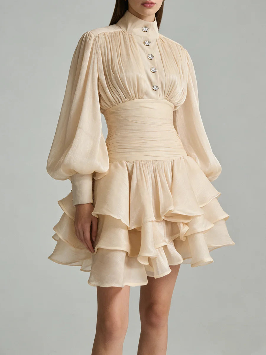 TWOTWINSTYLE Solid Spliced Ruffles Folds Elegant Dresses for Women Stand Neck Long Sleevs Tunic Temperament Dress Female Fashion