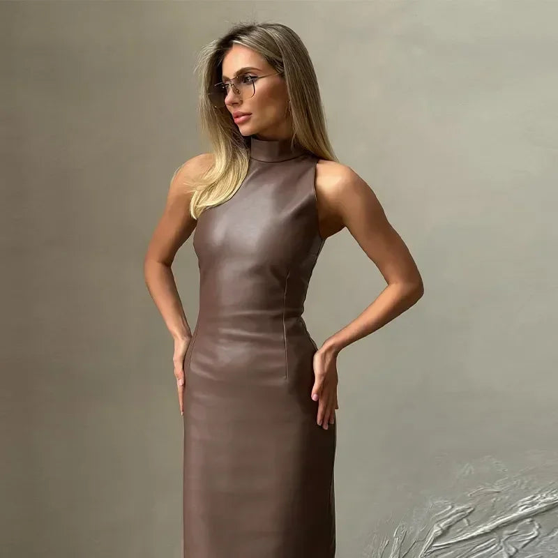 Vintage Midi Leather Dress Women Slim Turtleneck Sleeveless Hip Package Female Dresses 2025 Autumn Lady Elegant Party Vestidos