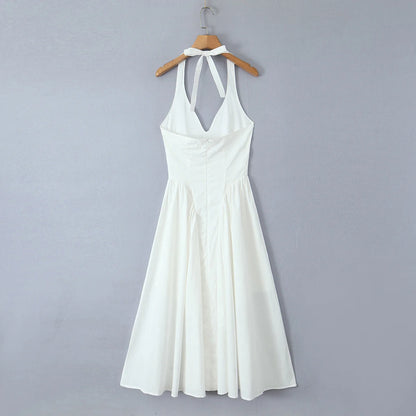 YENKYE Sexy Backless Green Elegant Halter Dress For Women Low Waist A-line Midi Summer Evening Party Dresses Cotton Robe