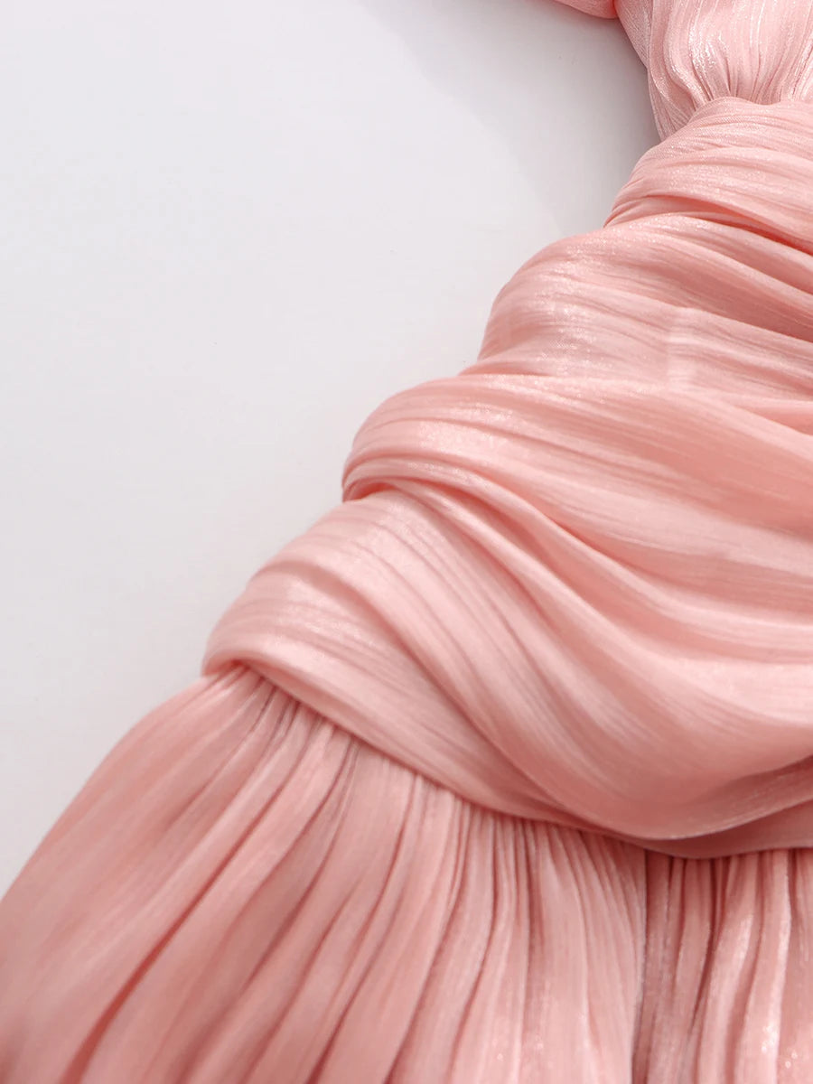 TWOTWINSTYLE Solid Spliced Ruffles Folds Elegant Dresses for Women Stand Neck Long Sleevs Tunic Temperament Dress Female Fashion