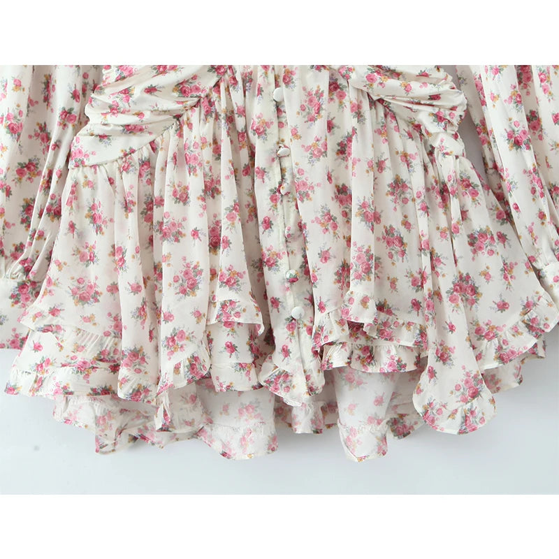 Boho Floral Print Ruffle Mini Dress Women Front Button Long Sleeve V Neck Spring Dresses 2025 Holiday Robe Short Vestidos