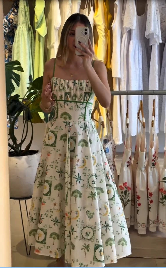 Women Chic Printed Gathered Large Swing Dress Sexy Sleeveless High Waist Slim Fit Sling Dresses 2026 New Lady Party Club Gowns