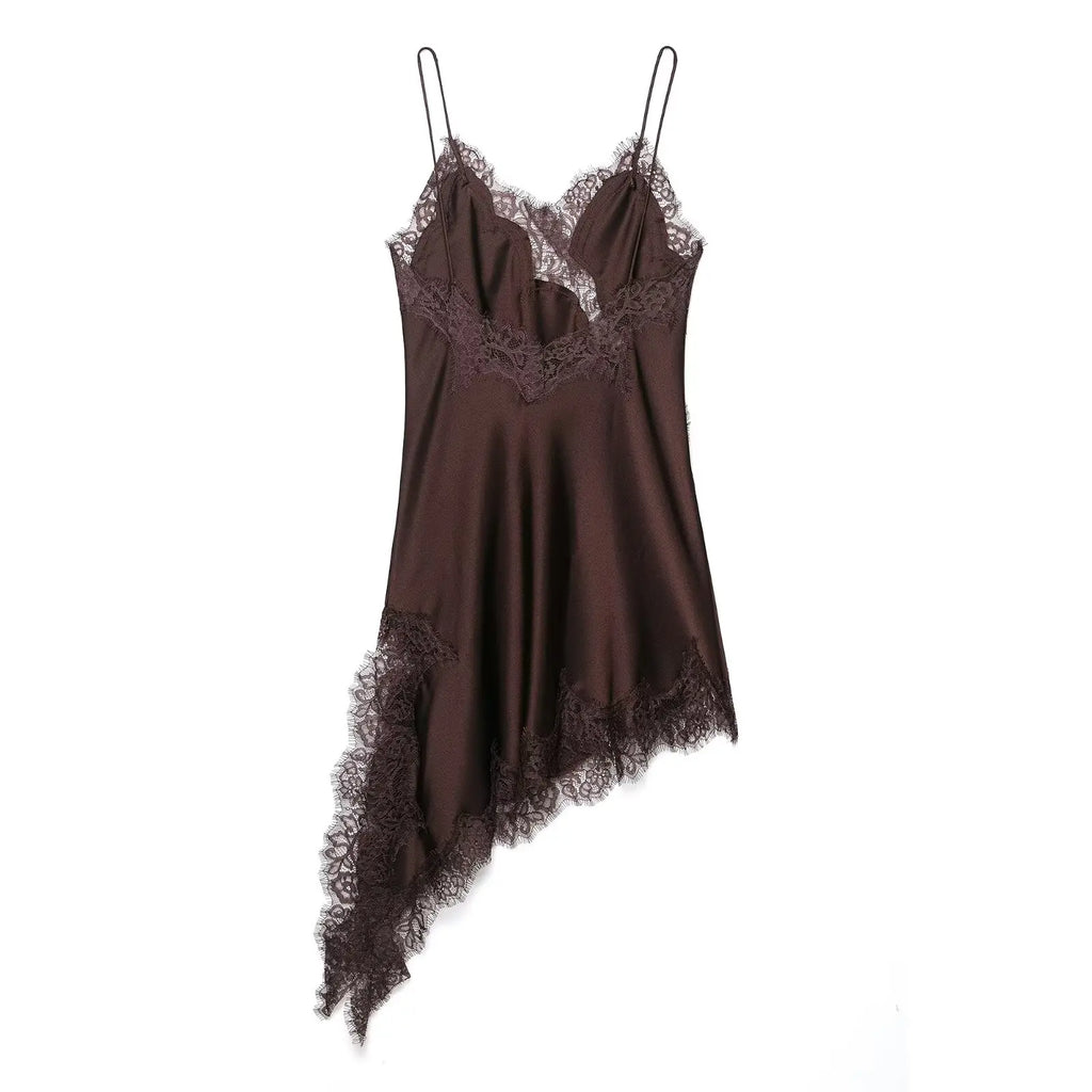 Satin Sexy Lace Spliced Short Sling Dress Women Sleeveless Backless Asymmetric Sexy Party Dresses 2026 Summer Lady Dress ﻿