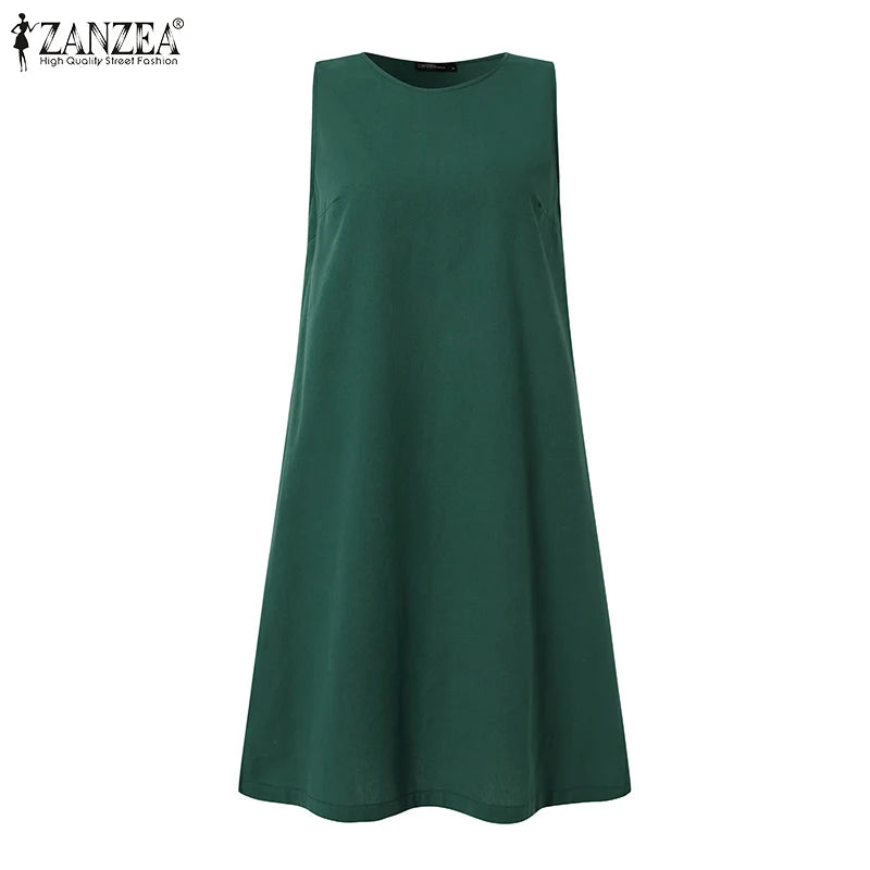 2024 Summer Dress ZANZEA Fashion Sleeveless Beach Vestidos Office Work Sundress Women Elegant Solid Color Dresses Robe Femme