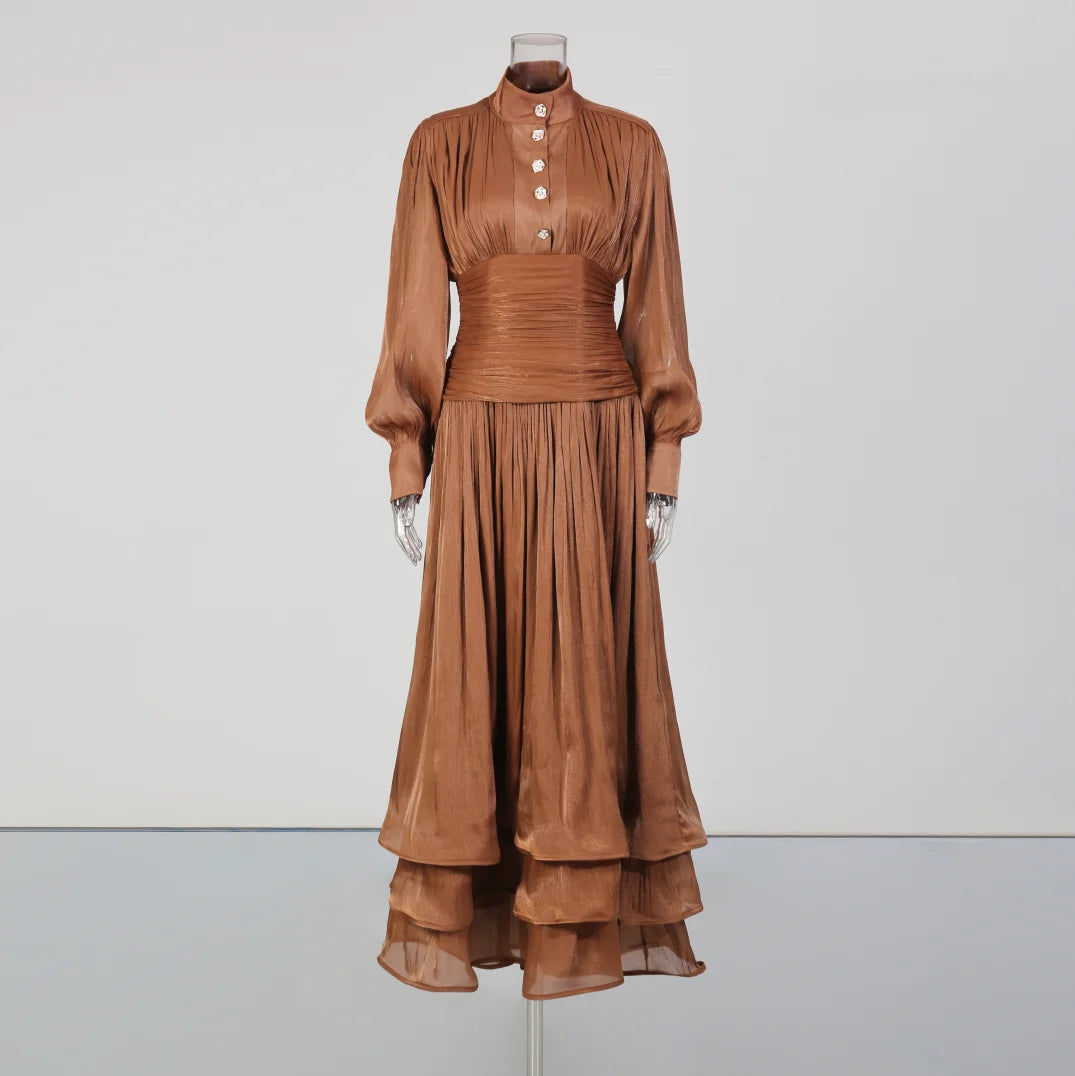 TWOTWINSTYLE Solid Spliced Ruffles Folds Elegant Dresses for Women Stand Neck Long Sleevs Tunic Temperament Dress Female Fashion
