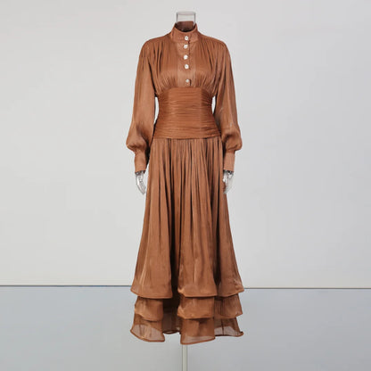 TWOTWINSTYLE Solid Spliced Ruffles Folds Elegant Dresses for Women Stand Neck Long Sleevs Tunic Temperament Dress Female Fashion