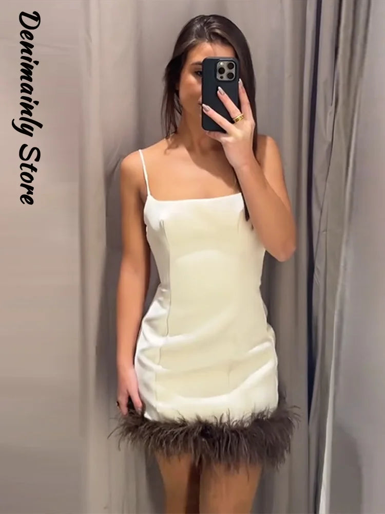 Sexy Feather Patchork Sling Short Dress Women Sleeveless Backless Slim Female Dresses 2026 Spring Summer Lady Beach Chic Robes