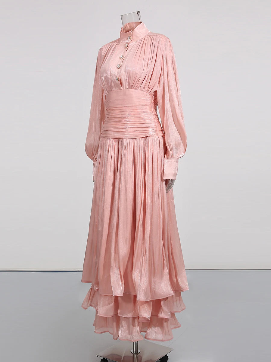TWOTWINSTYLE Solid Spliced Ruffles Folds Elegant Dresses for Women Stand Neck Long Sleevs Tunic Temperament Dress Female Fashion