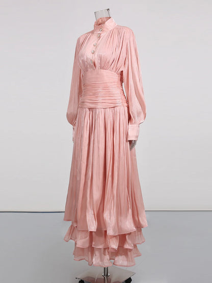 TWOTWINSTYLE Solid Spliced Ruffles Folds Elegant Dresses for Women Stand Neck Long Sleevs Tunic Temperament Dress Female Fashion
