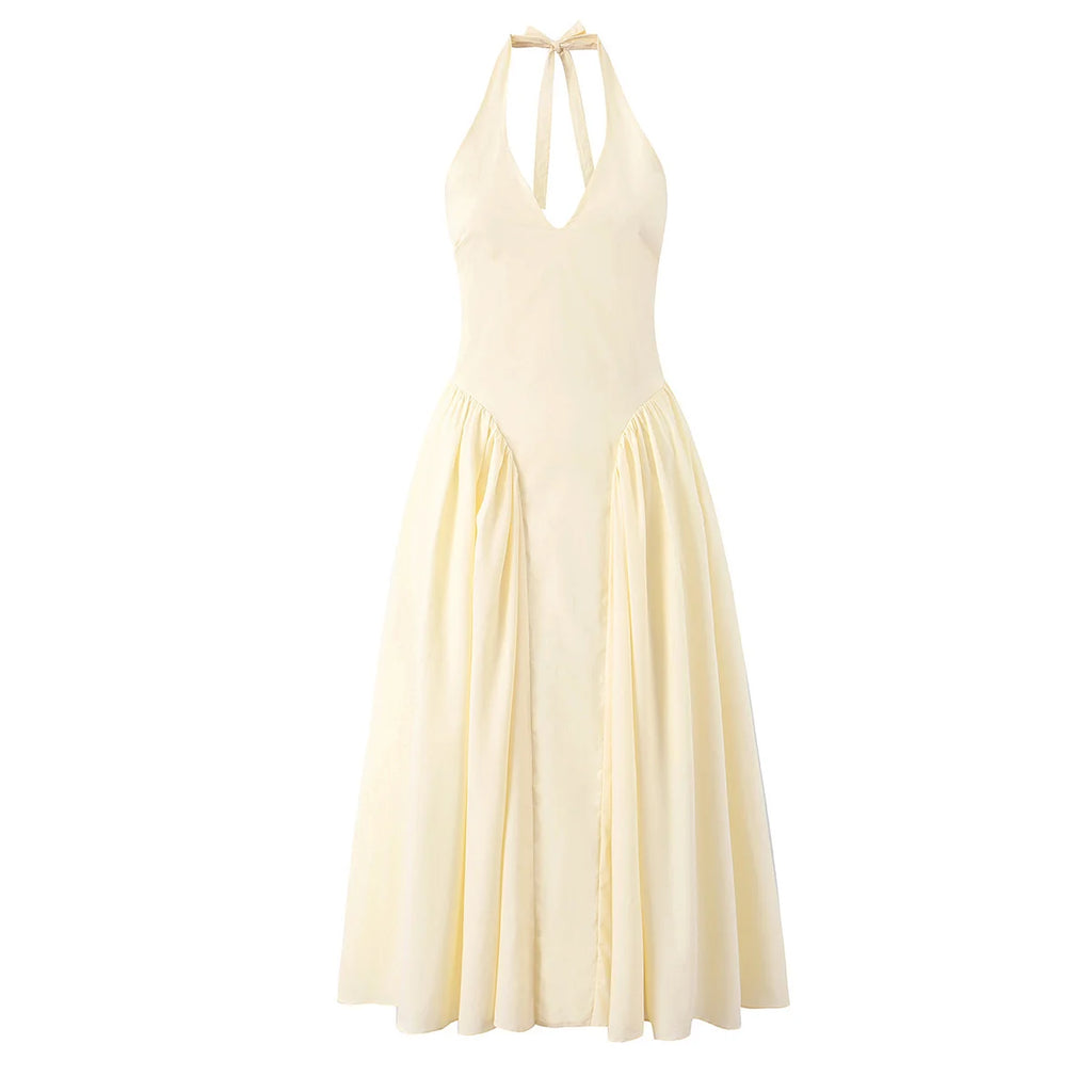 YENKYE Sexy Backless Green Elegant Halter Dress For Women Low Waist A-line Midi Summer Evening Party Dresses Cotton Robe