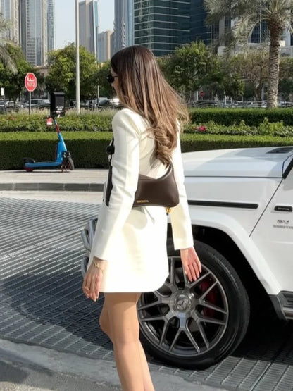 Women Chic Solid A-line Mini Dresses ElegantSingle-breasted V Collar Full Sleeves Short Vestidos Fashion New Lady Commute Gowns