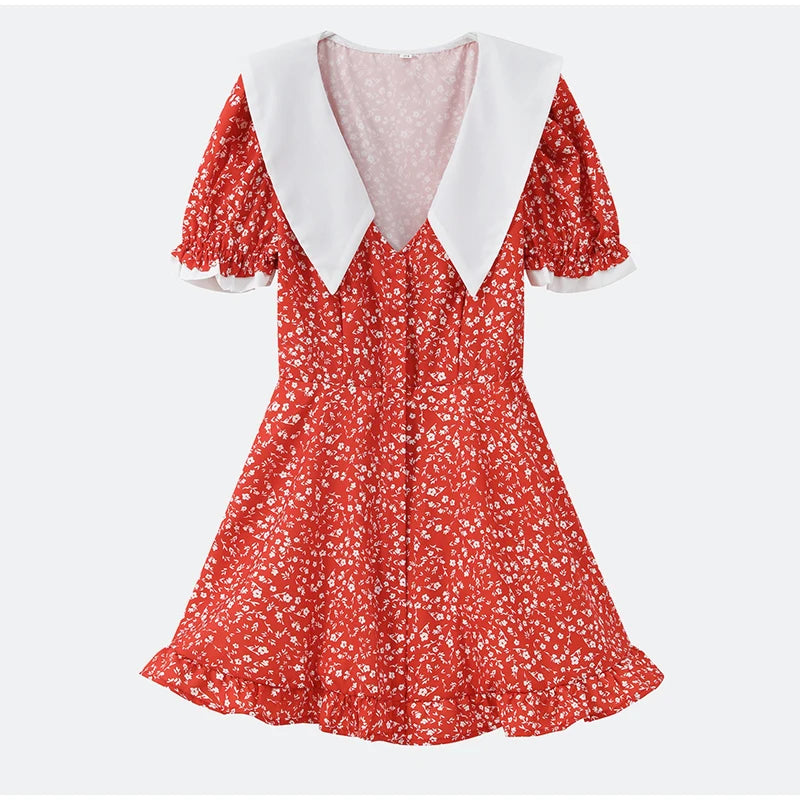 Red Floral Print Peter Pan Collar Women Summer Dress Puff Sleeve V Neck A-line Mini Dresses  2026 Lady Weekend Getaway Vestidos