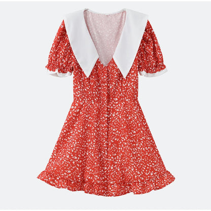Red Floral Print Peter Pan Collar Women Summer Dress Puff Sleeve V Neck A-line Mini Dresses  2026 Lady Weekend Getaway Vestidos