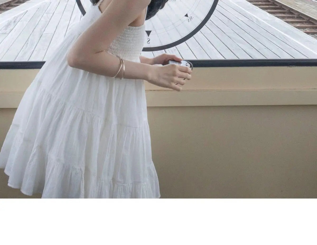 White Spaghetti Strap Dresses Women French Style Backless Hotsweet Mini Casual Holiday Summer Female Temperament Ruffles Chic