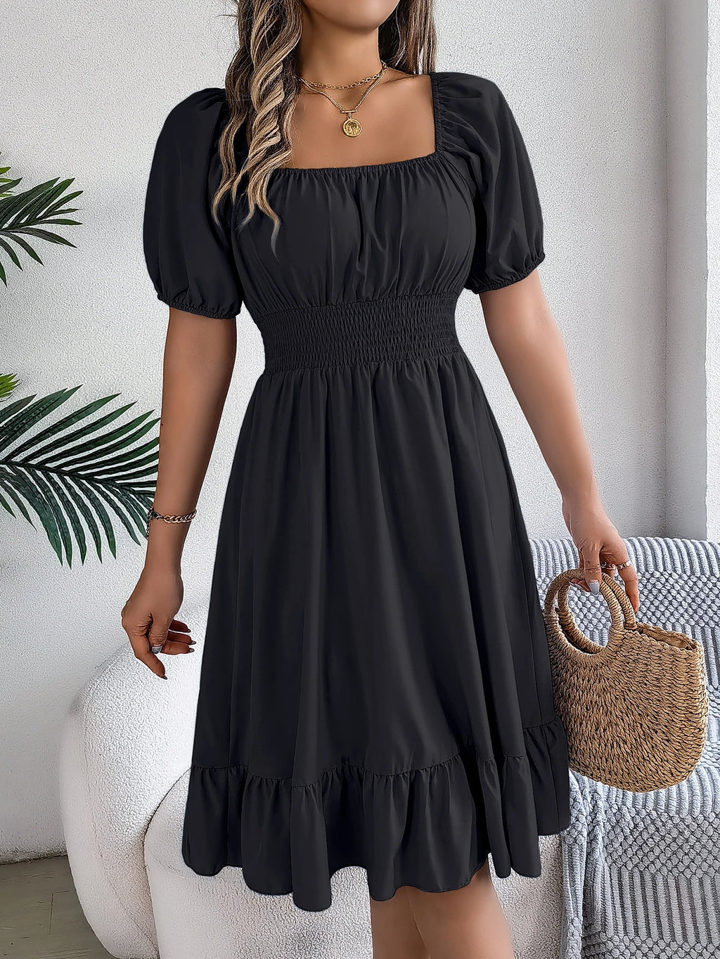 Spring Summer Elegant High Waisted Dress Square Neck Short Sleeved Ruffled Edge Long Dresses 2026 Valentine's Day Woman Clothing