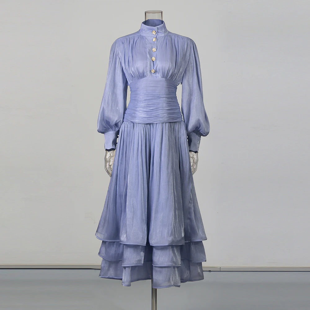 TWOTWINSTYLE Solid Spliced Ruffles Folds Elegant Dresses for Women Stand Neck Long Sleevs Tunic Temperament Dress Female Fashion