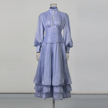TWOTWINSTYLE Solid Spliced Ruffles Folds Elegant Dresses for Women Stand Neck Long Sleevs Tunic Temperament Dress Female Fashion