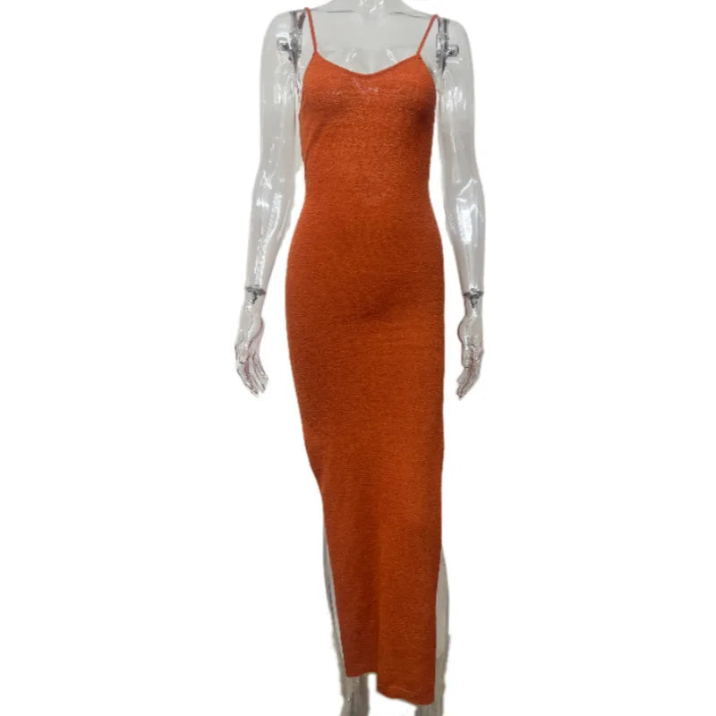 Cryptographic Elegant Knitted Slit Long Dress Outfits for Women Summer Beachwear Holiday Sleeveless Backless Dresses See Through