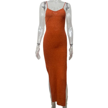 Cryptographic Elegant Knitted Slit Long Dress Outfits for Women Summer Beachwear Holiday Sleeveless Backless Dresses See Through