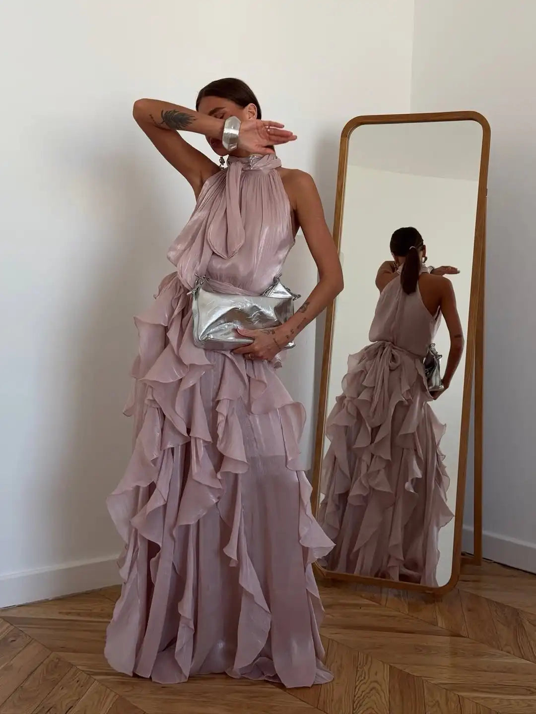 Women Solid Halter Neck Ruffle Long Dress Elegant Sleeveless Chiffon Tiered Waist Cinching Maxi Dresses 2026 New Street Vestidos