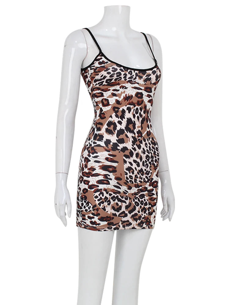 Fashion Sexy Summer Leopard Printed Women Dresses Backless Streetwear Regular Casual Camisole Strapless Skinny Vestidos Robes