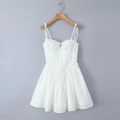 YENKYE Sexy Elegant Women Hollow Out Embroidery Yellow Sling Mini Dress Low Waist Lace Up Bandage Party Dresses Birthday Robe