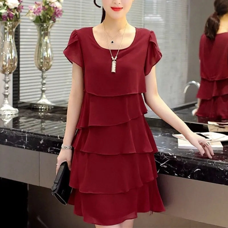 2026 Dress For Women Summer Wave Cut Ruffle Sweet Solid Short Sleeve Slim Dresses Lady Casual All-match Vestido O-Neck Chiffon