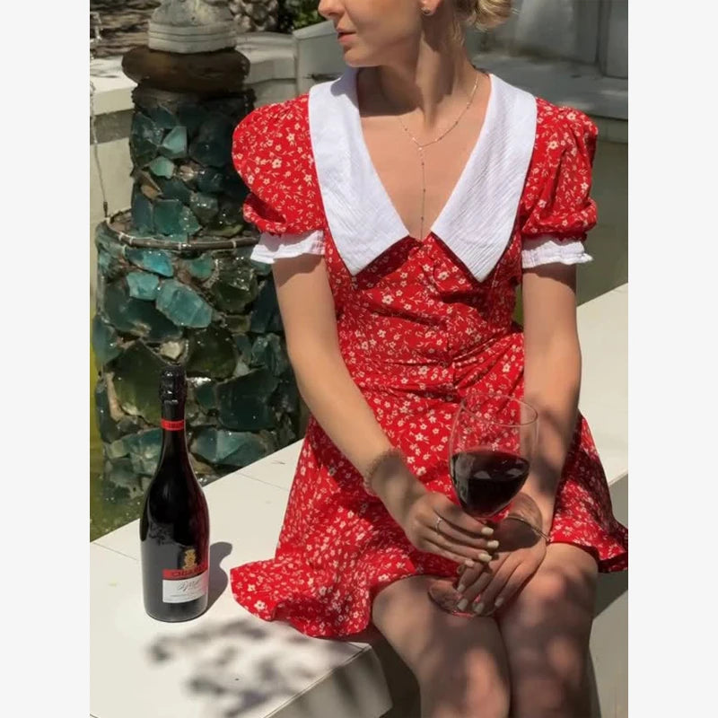 Red Floral Print Peter Pan Collar Women Summer Dress Puff Sleeve V Neck A-line Mini Dresses  2026 Lady Weekend Getaway Vestidos
