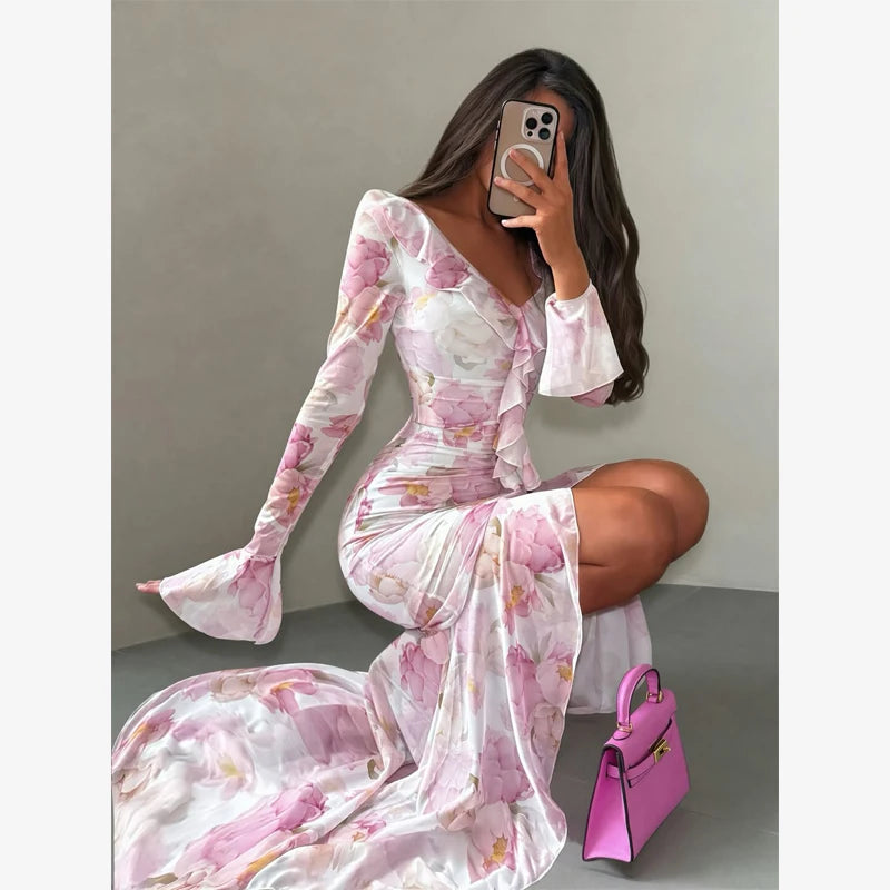 Women Chic Printed Gathered Large Swing Dress Sexy Sleeveless High Waist Slim Fit Sling Dresses 2026 New Lady Party Club Gowns