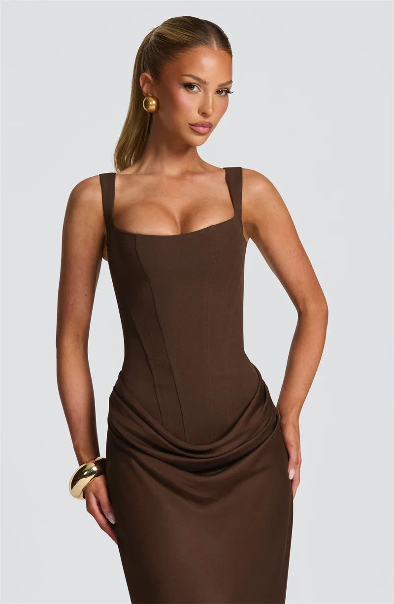 Mozision Elegant Backless Sexy Maxi Dress Women Gown Fashion Square Collar Sleeveless Skinny Ruched Club Party Long Dresses