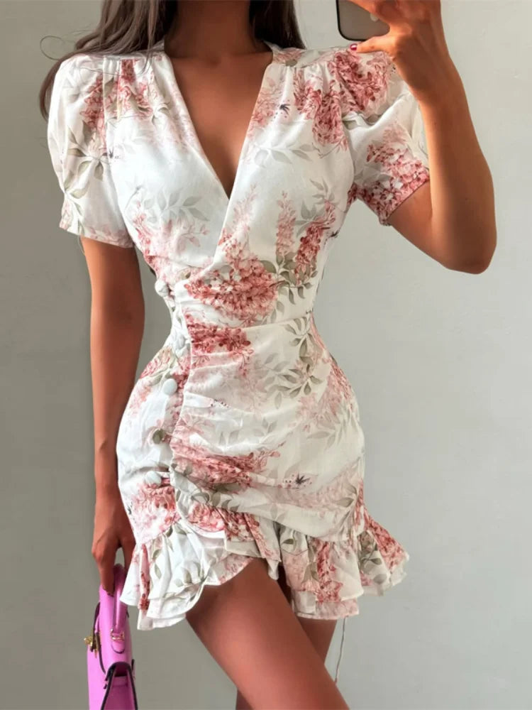 Floral Print V-neck Cinched Waist Dress Women Chic Layered Ruffle Hem Short Sleeved High-waist Dresses 2026 New Street Vestidos