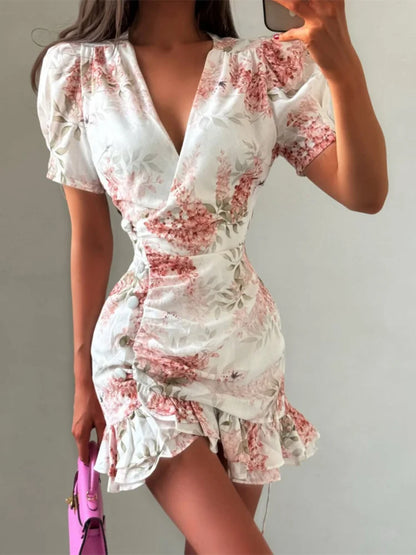 Floral Print V-neck Cinched Waist Dress Women Chic Layered Ruffle Hem Short Sleeved High-waist Dresses 2026 New Street Vestidos