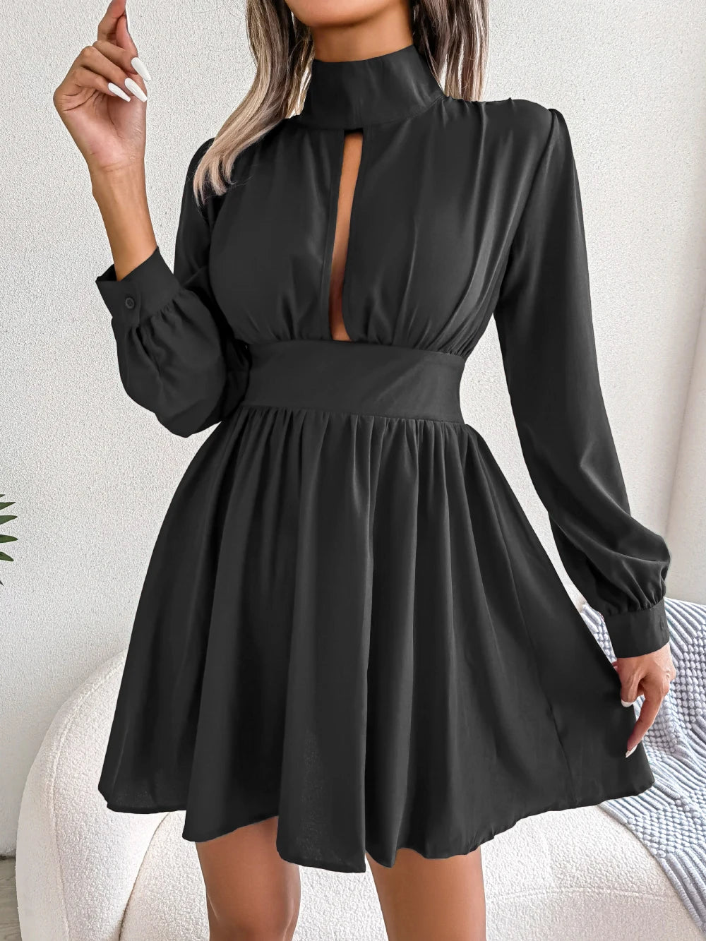 Women Autumn Casual Solid Hollow Out Long Sleeve A Line Dress 2026 Fashion Elegant Dresses Red Black White Sexy Woman Clothing