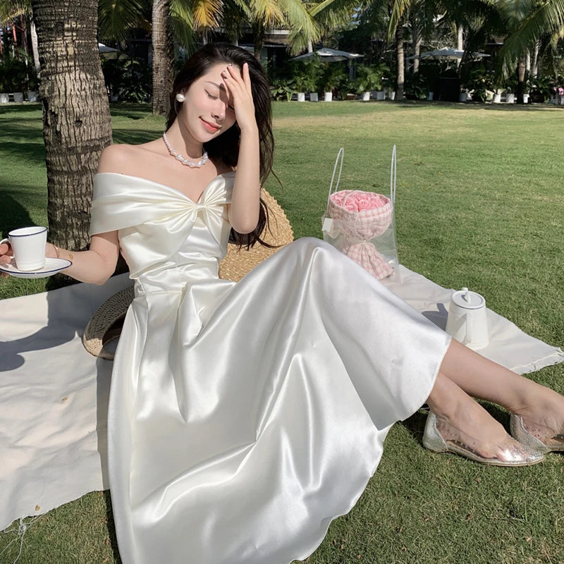 Horetong Bow Slash Neck Sexy Dress Summer Women White Fairy Elegant A-Line Midi Dresses Female Party Prom Clothes Vestdios