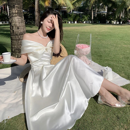 Horetong Bow Slash Neck Sexy Dress Summer Women White Fairy Elegant A-Line Midi Dresses Female Party Prom Clothes Vestdios