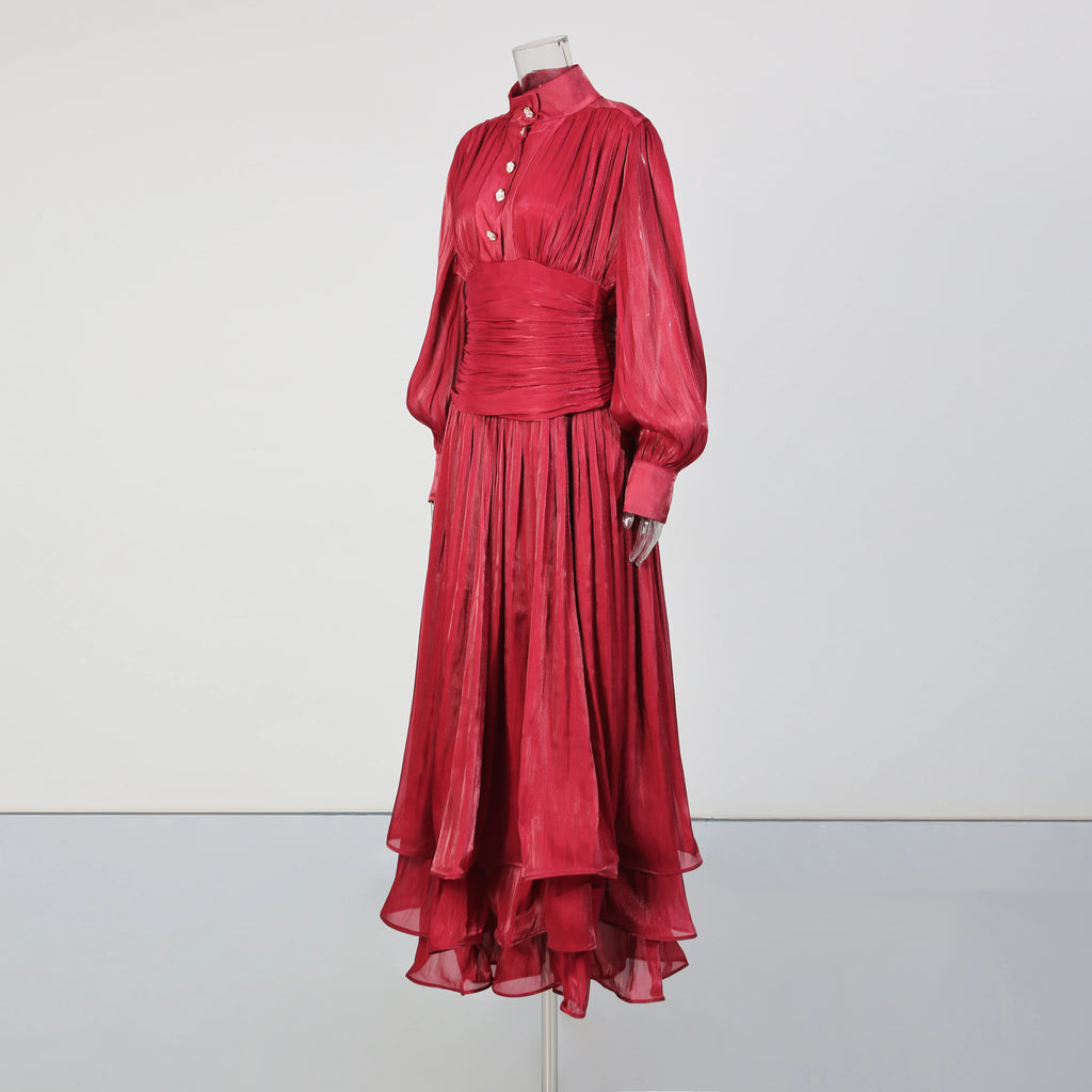 TWOTWINSTYLE Solid Spliced Ruffles Folds Elegant Dresses for Women Stand Neck Long Sleevs Tunic Temperament Dress Female Fashion