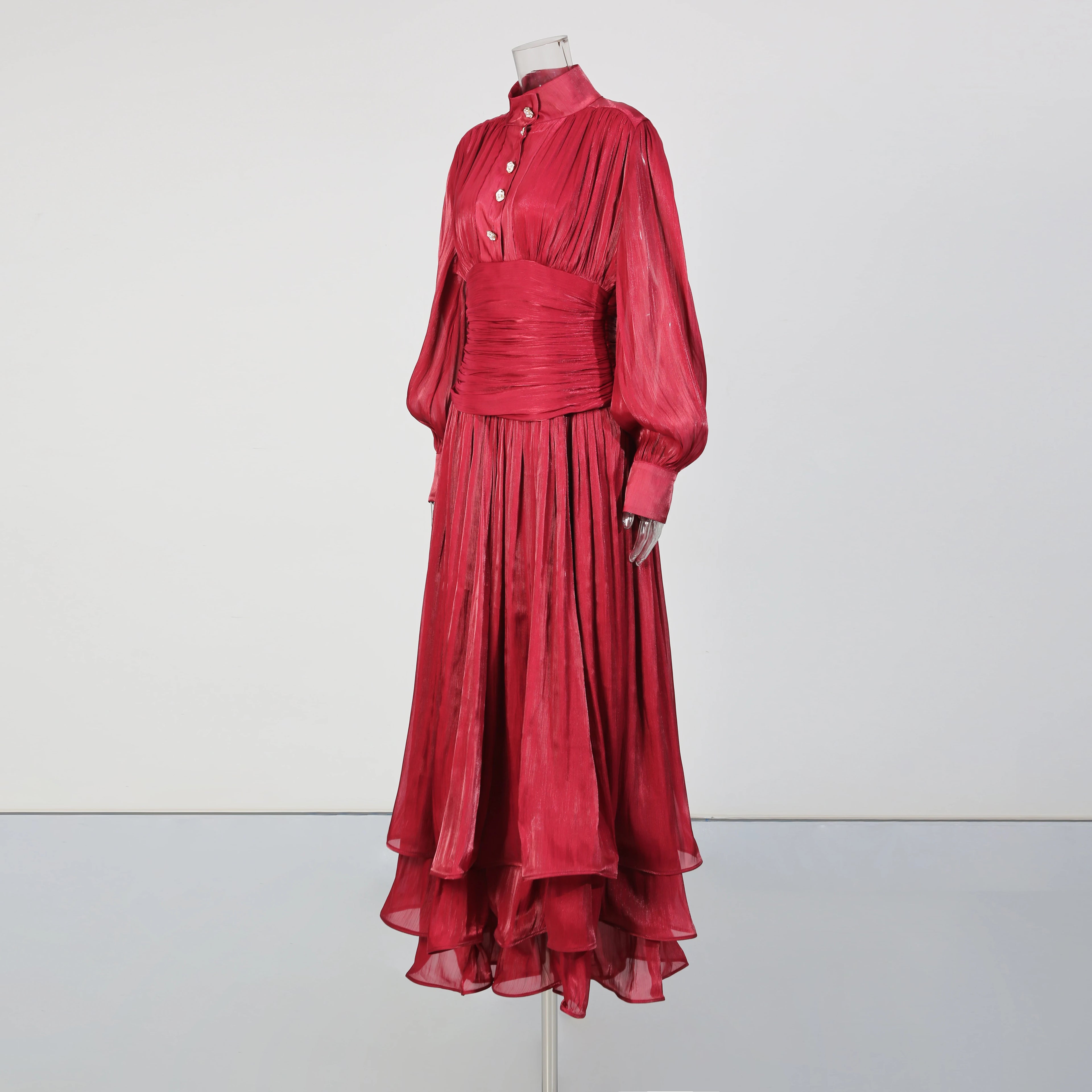 TWOTWINSTYLE Solid Spliced Ruffles Folds Elegant Dresses for Women Stand Neck Long Sleevs Tunic Temperament Dress Female Fashion