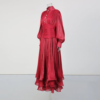 TWOTWINSTYLE Solid Spliced Ruffles Folds Elegant Dresses for Women Stand Neck Long Sleevs Tunic Temperament Dress Female Fashion