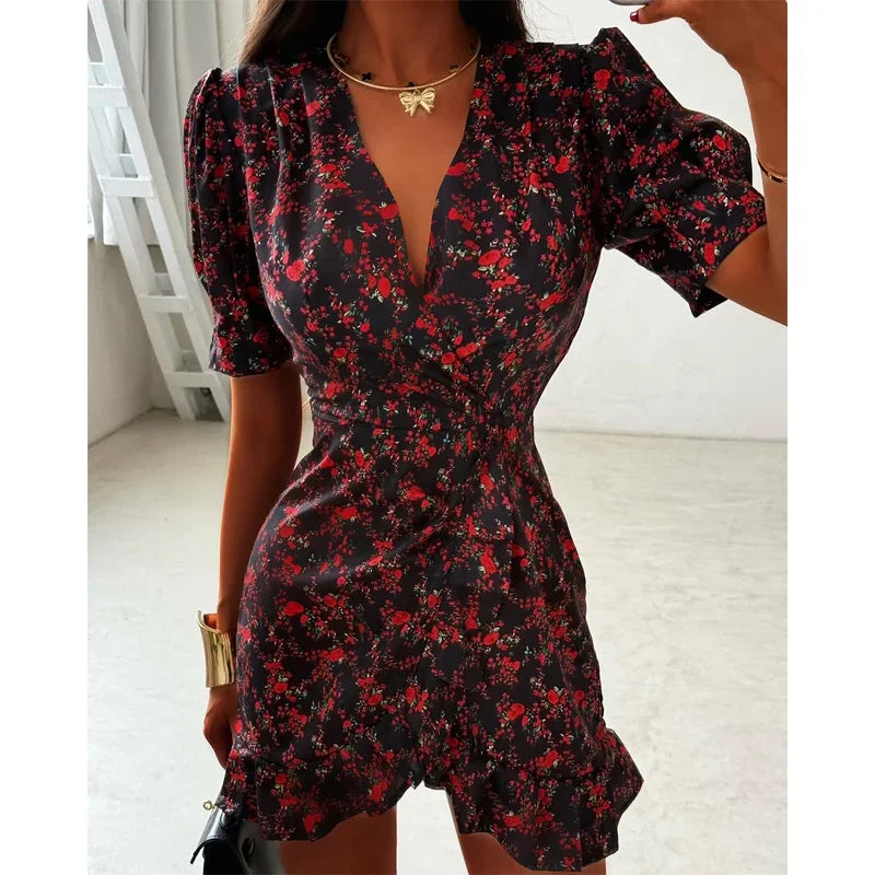 Chic Ruffle Print Slim Fit Dress Women Chic Flared sleeves V-neck Pleated Short Dresses 2026 Lady Summer Casual Daily Vestidos