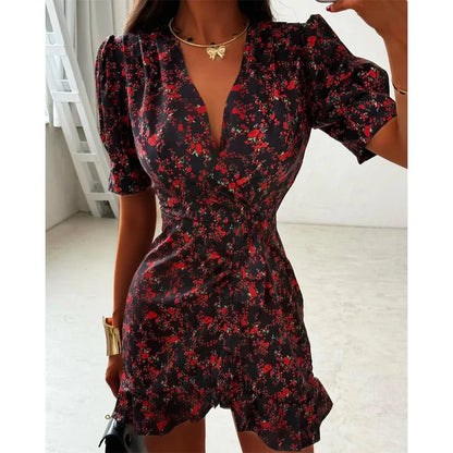 Chic Ruffle Print Slim Fit Dress Women Chic Flared sleeves V-neck Pleated Short Dresses 2026 Lady Summer Casual Daily Vestidos