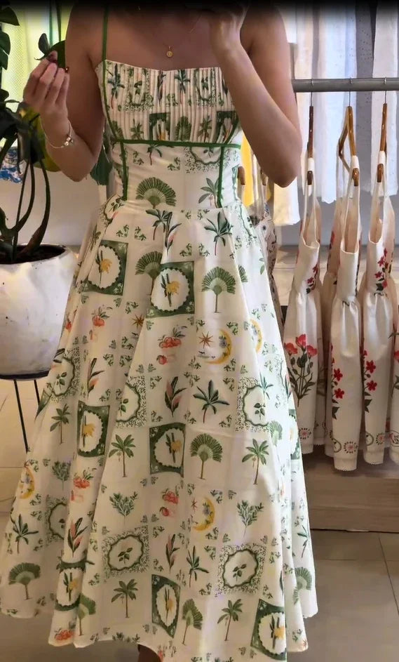 Women Chic Printed Gathered Large Swing Dress Sexy Sleeveless High Waist Slim Fit Sling Dresses 2026 New Lady Party Club Gowns