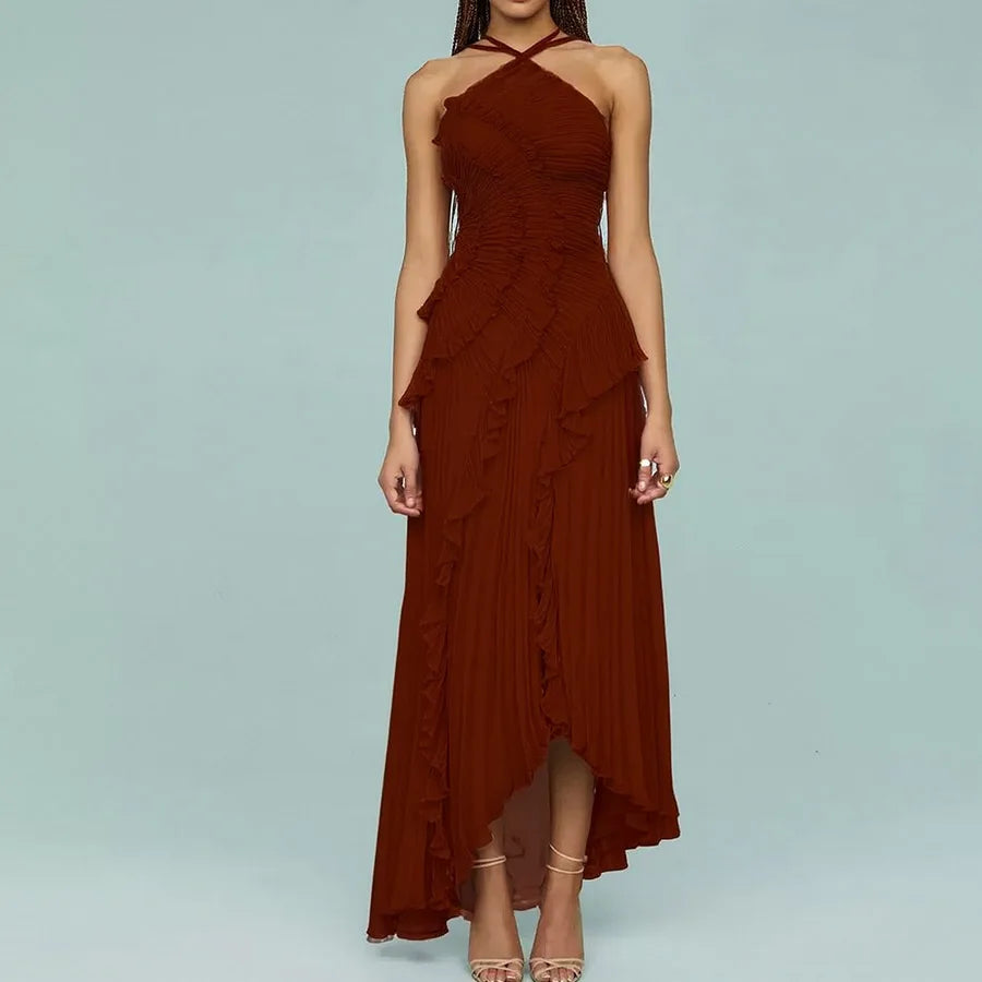 Elegant Women Lotus Edge Maxi Dress Slim Fit Backless Lace Up Halter Dresses Sleeveless Party Vacation Gowns