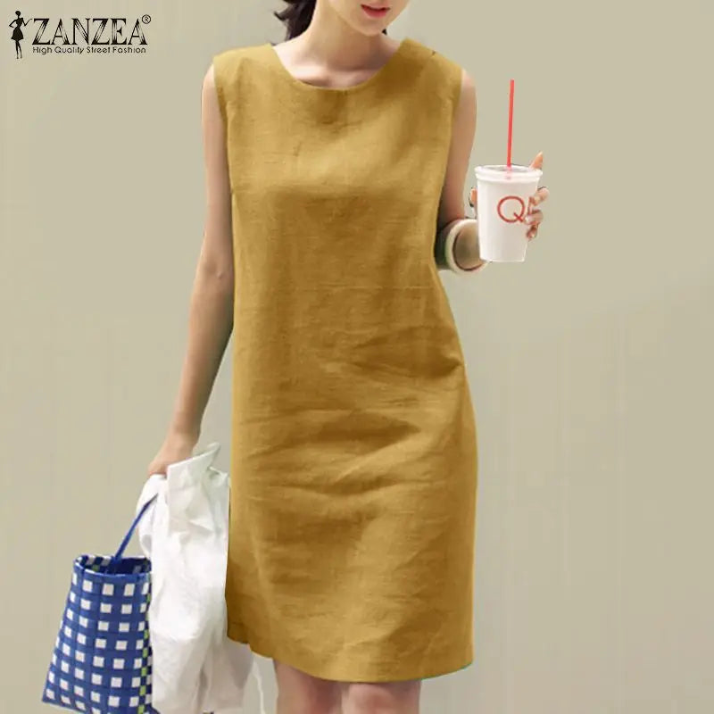 2024 Summer Dress ZANZEA Fashion Sleeveless Beach Vestidos Office Work Sundress Women Elegant Solid Color Dresses Robe Femme