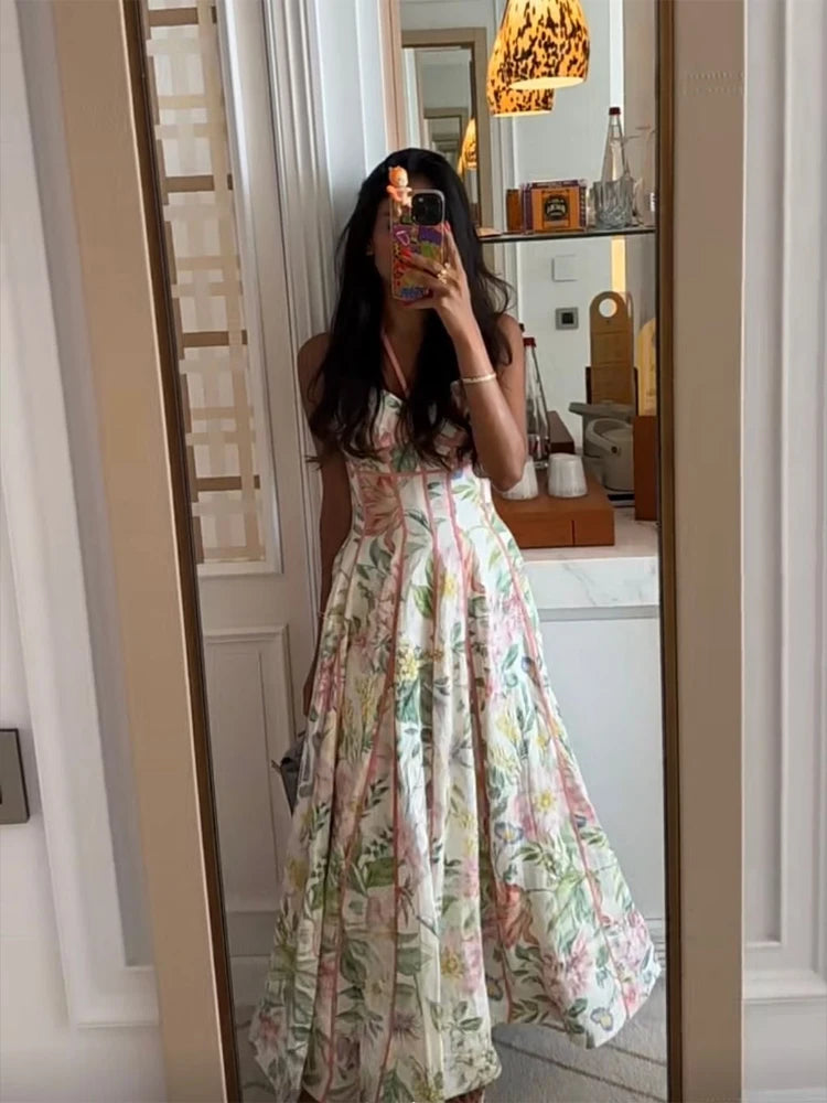 Women Chic Printed Gathered Large Swing Dress Sexy Sleeveless High Waist Slim Fit Sling Dresses 2026 New Lady Party Club Gowns