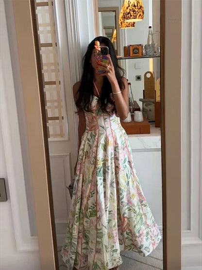 Women Chic Printed Gathered Large Swing Dress Sexy Sleeveless High Waist Slim Fit Sling Dresses 2026 New Lady Party Club Gowns