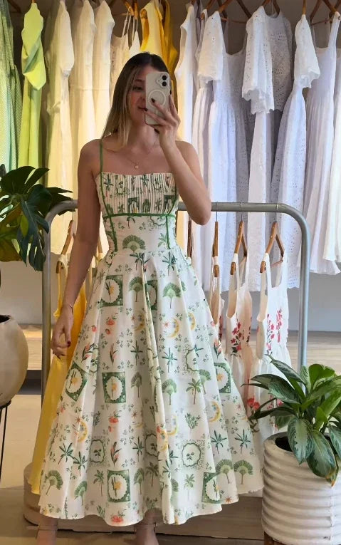 Women Chic Printed Gathered Large Swing Dress Sexy Sleeveless High Waist Slim Fit Sling Dresses 2026 New Lady Party Club Gowns