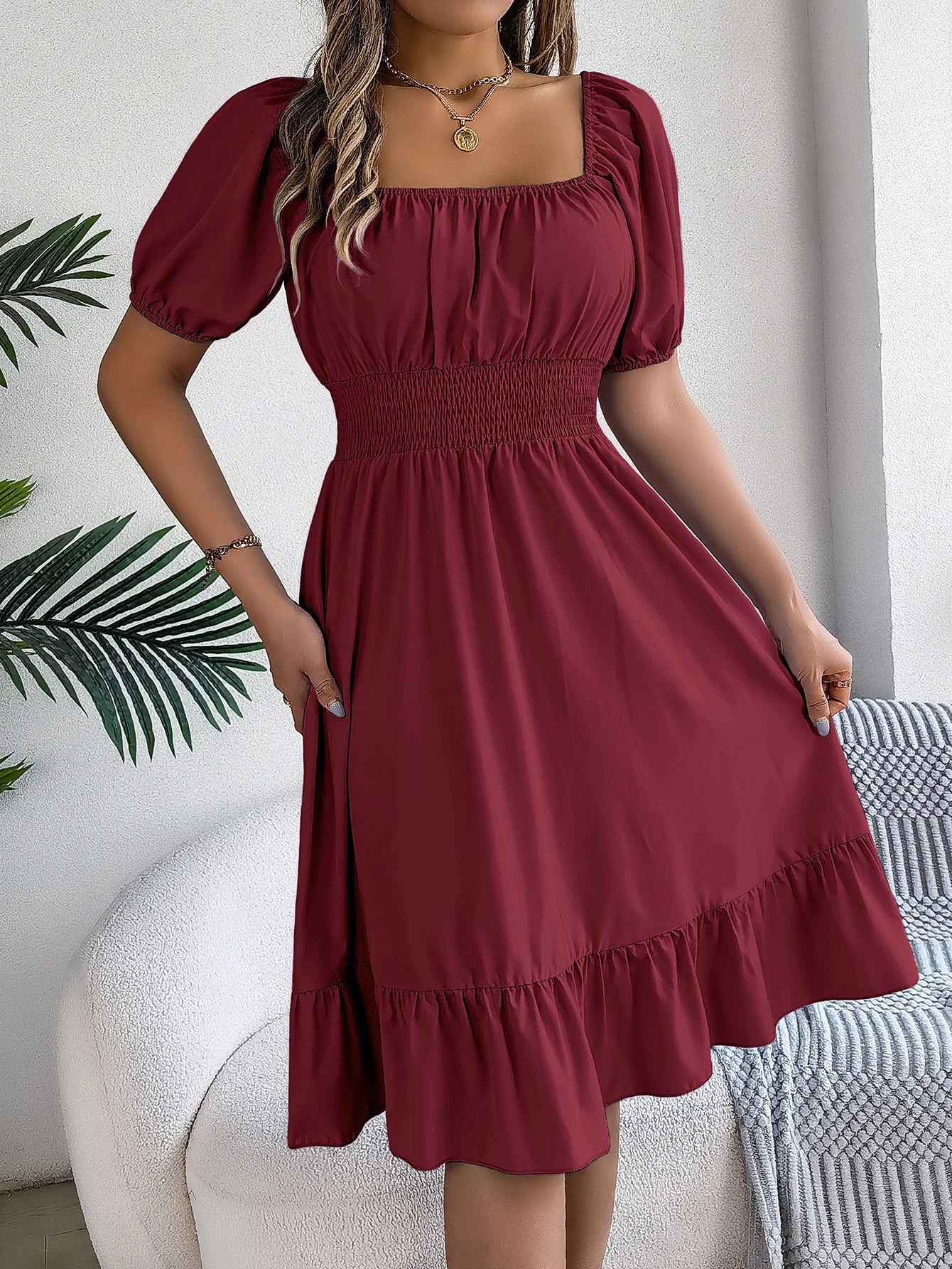 Spring Summer Elegant High Waisted Dress Square Neck Short Sleeved Ruffled Edge Long Dresses 2026 Valentine's Day Woman Clothing