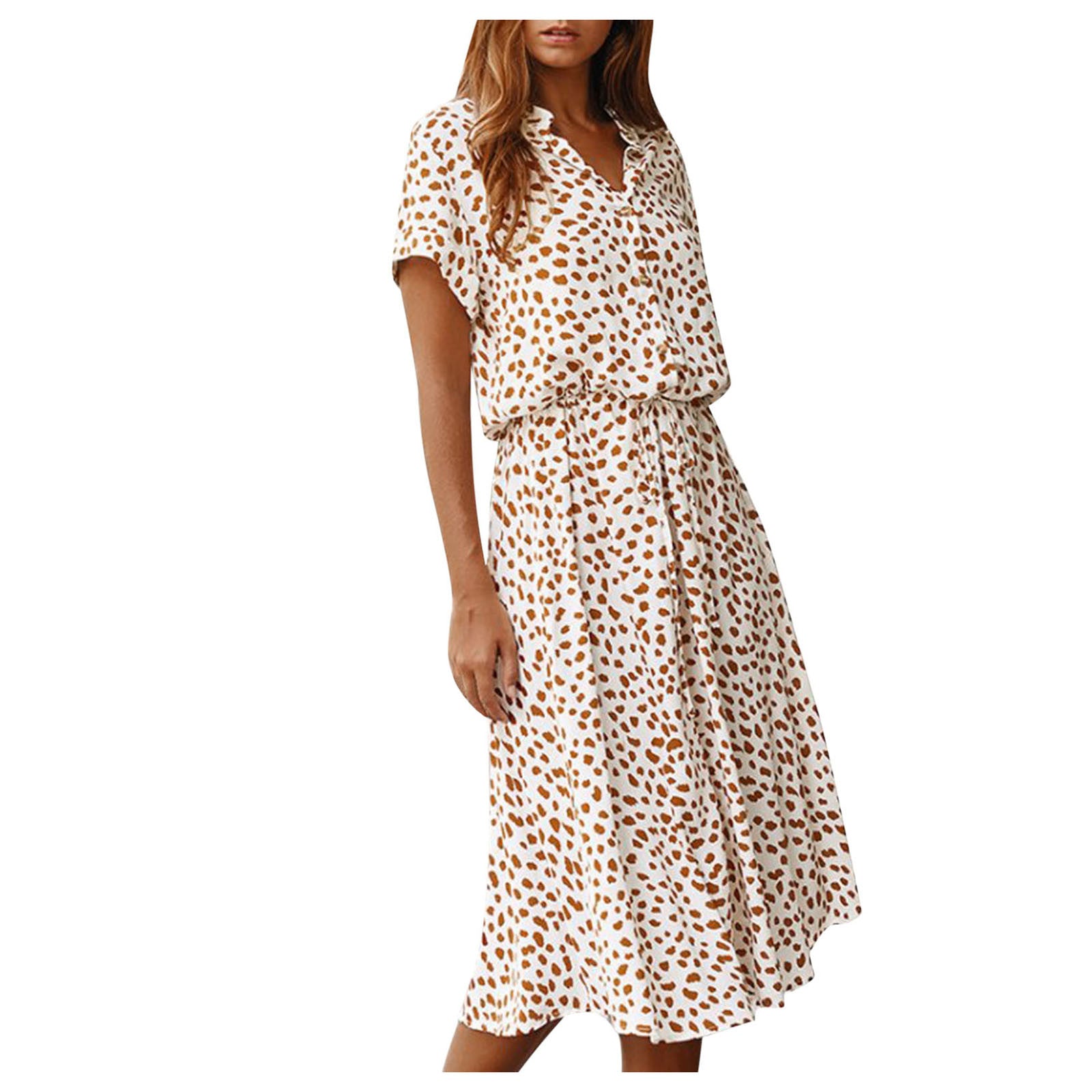 Summer Dresses Women Summer Polka Dot Printing Dresses With Buttons Short Sleeves Drawstring High Waist Dress Vestidos 2023