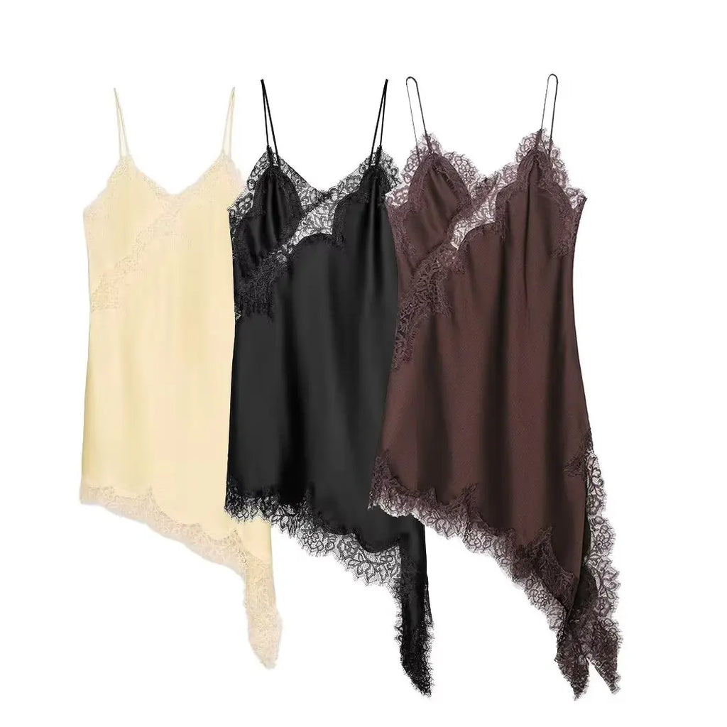 Satin Sexy Lace Spliced Short Sling Dress Women Sleeveless Backless Asymmetric Sexy Party Dresses 2026 Summer Lady Dress ﻿